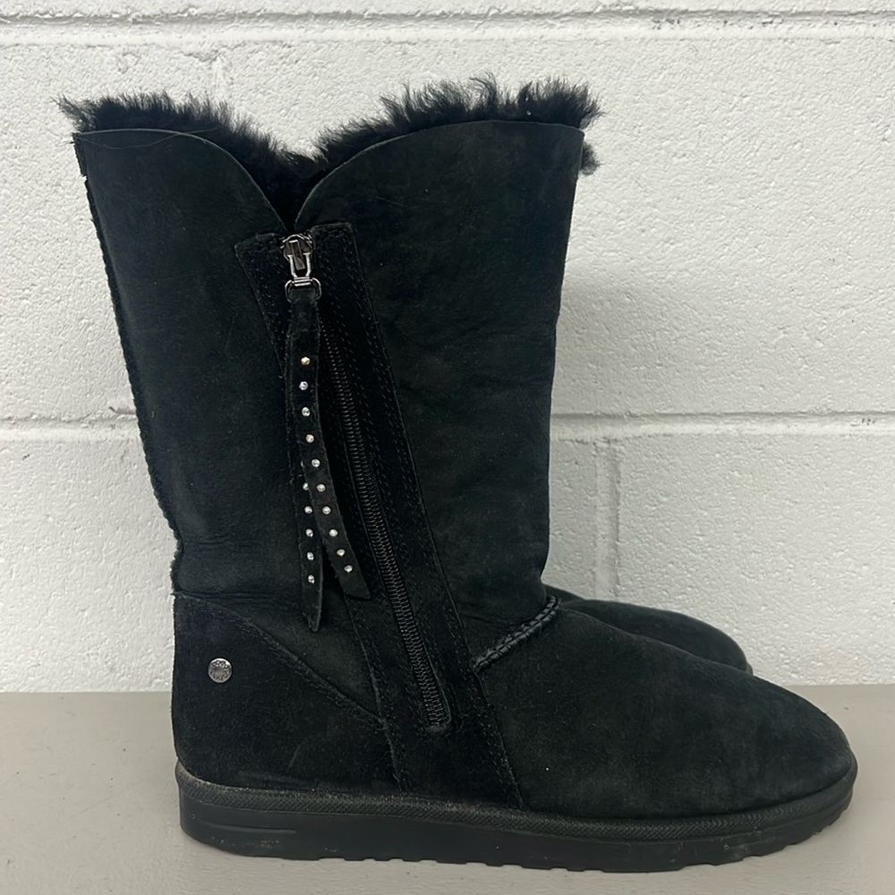 Abeo sz9 fuzzy rhinestones black boots sheepskin suede fur super warm tall zip